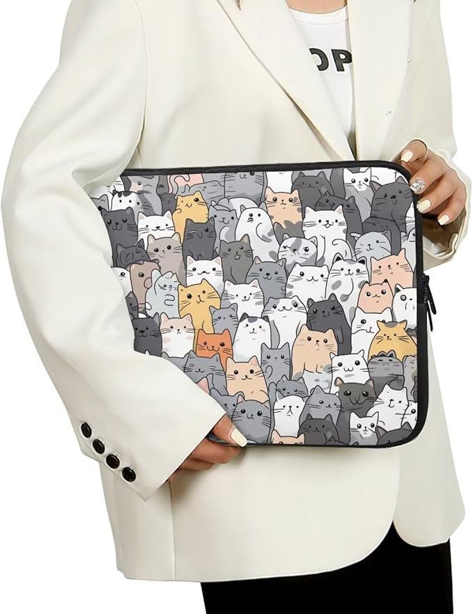 Cartoon Cat Print Laptop Briefcases for Men Women, Cute Laptop Sleeve Case Water Resistant Neoprene Computer Carrying Cover 13 Inch Laptop Carrying Bag