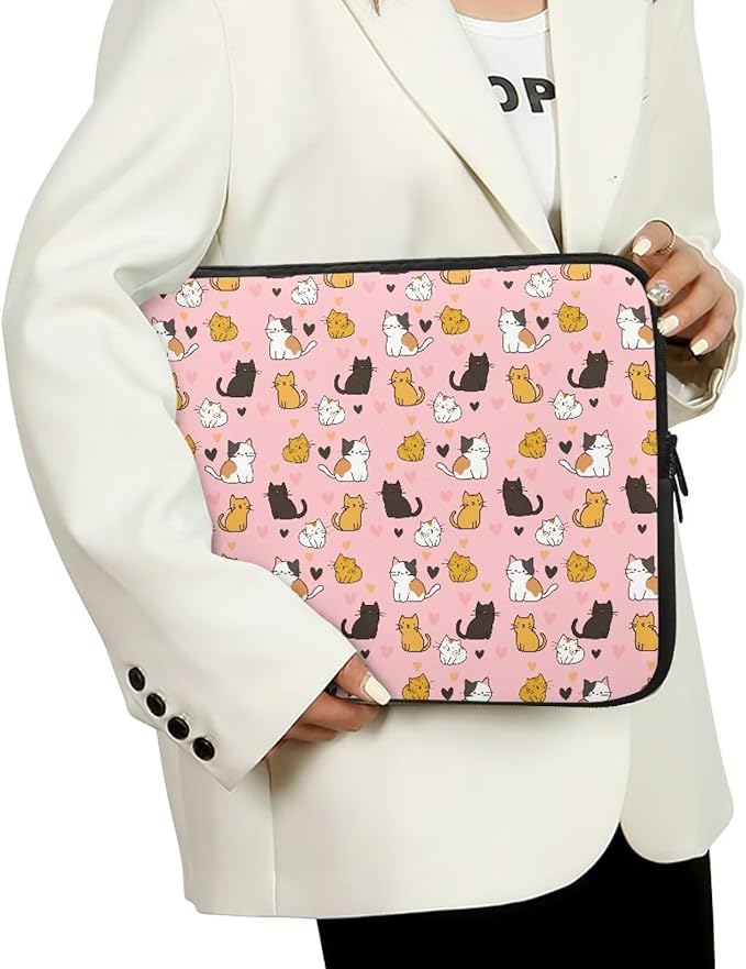 Cat Print Laptop Briefcases for Men Women, Heart Pattern Laptop Sleeve Case Water Resistant Neoprene Computer Carrying Cover 13 Inch Laptop Carrying Bag