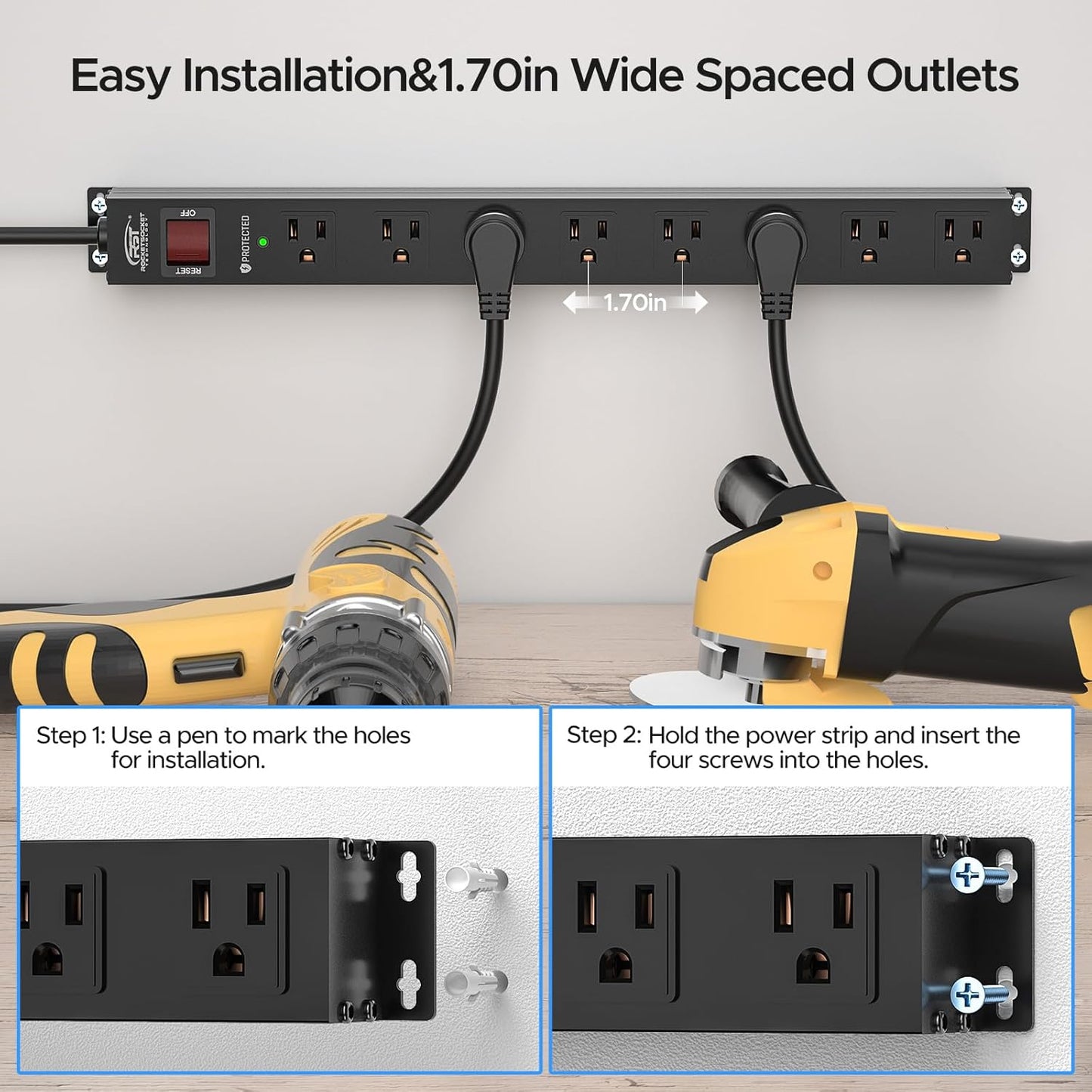 CRST 8 Outlet Metal Heavy Duty Power Strip, 2100J Surge Protector, 6FT Cord Mountable Wide Spaced Industrial Power Strip,15A/1875W