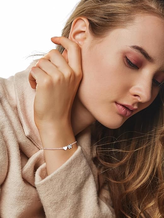 Silvora 925 Sterling Silver Dainty Initial Bracelet with Heart - 6.3" + 2" Adjustable Personalized 26 Letter Bracelet Jewelry Heart Bracelet for Women
