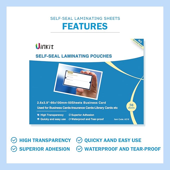 Uinkit Self Sealing Laminating Pouches Self Adhesive Laminating Sheets for Small Bussinesss Cards 2.6x3.9inches 50Pack 10Mil Thick Laminate Sheets Gloss Finish No Machine Need