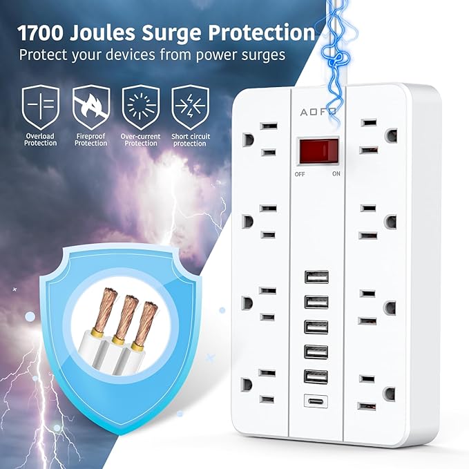 15ft Extension Cord Long Power Strip,AOFO 8 Widely-Spaced Outlets & 6 USB Ports Flat Plug Power Strip,Power Cord for Wall Mountable and Desktop White