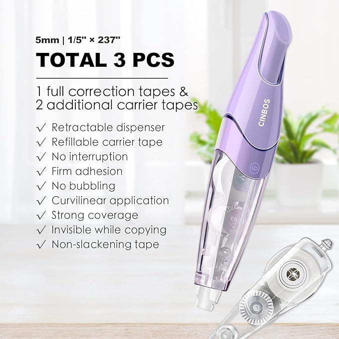 Refillable Retractable White Correction Tape, White Smooth Pull Out Correction Tape with 2 Extra Refills, Cute Correction Tape for Office Supplies, 3 PCS (CS-33)