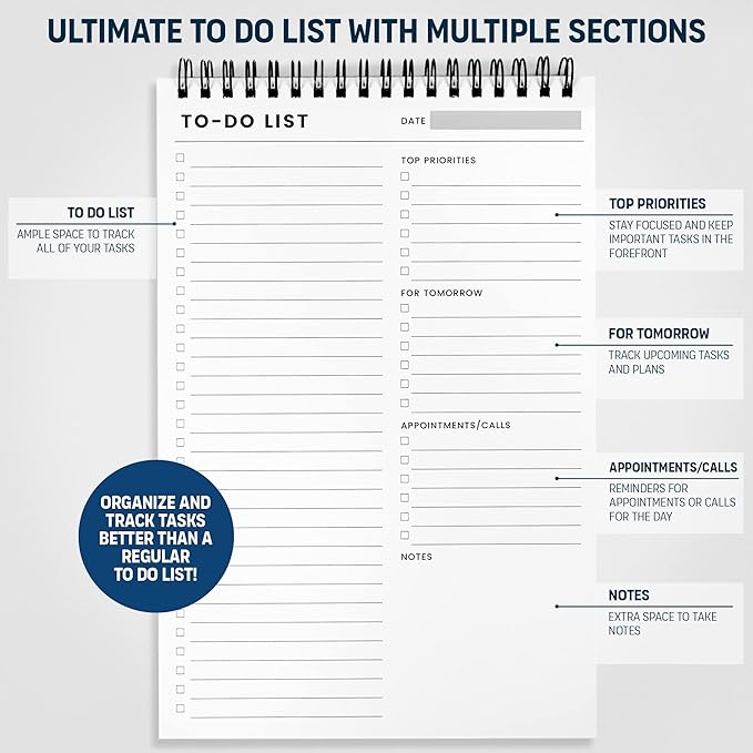 To Do List Notepad: With Multiple Functional Sections - 6.5 x 9.8" 60 Sheets - Spiral Daily Planner Notebook - Task CheckList Organizer Agenda Pad for Work - Note and Todo Organization