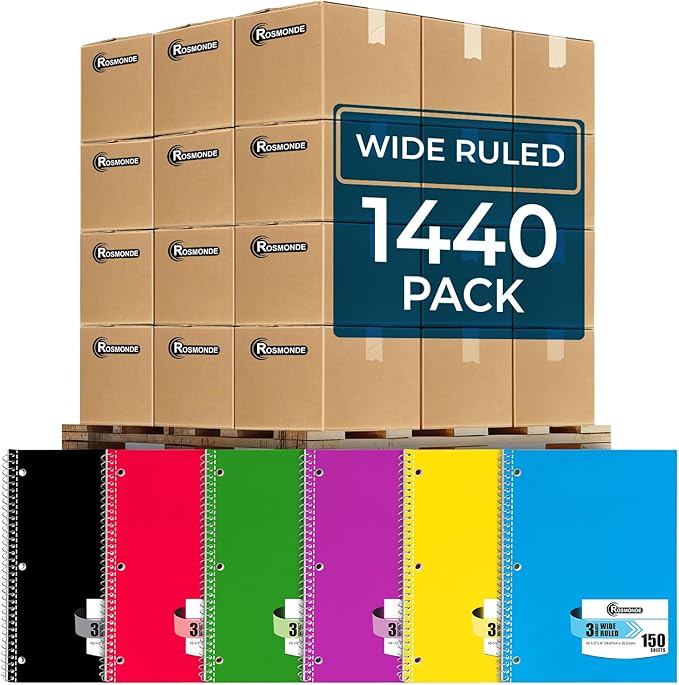 1440 Packs (Pallet) 3 Subject Notebooks, Spiral Notebook Bulk, Wide Ruled, Pallet of Notebooks, 150 Sheets (300 pages), 8 x 10-1/2",Bulk Spiral Notebooks for School & Office, 4-7 Days Transit