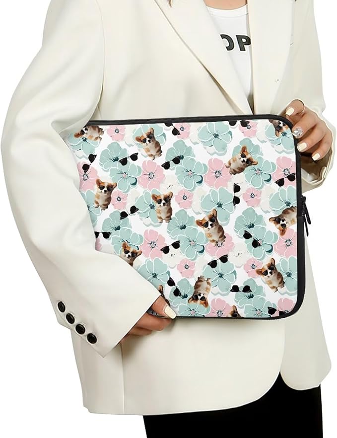 Corgi Dog Printed Computer Bags for Laptops for Women Men, Shockproof 17 Inch Laptop Case Bag Floral Print Messenger Bag with Zipper, Laptop Case Computer Carrying Cover Easy to Carry