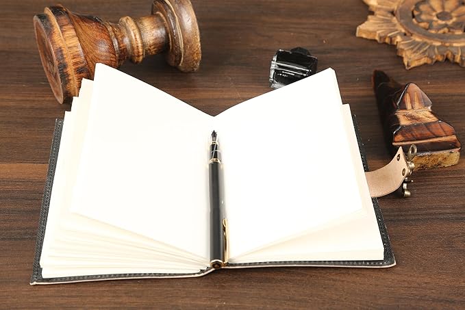 Handmade Leather Journal, Black, Sun & Moon Design, 8 x 6 Inch, 200 Unruled Pages, Hand Embossed, White Paper, Brass Clasp Lock, Vintage Notebook Diary, Sketchbook for Artists & Writers
