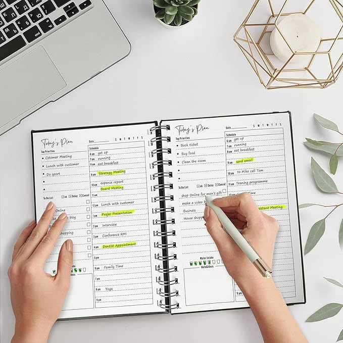 Undated Daily Planner,Undated Planner with Hourly Schedules, Daily Organizer Notebooks for work, Spiral Appointment Planner for Men and Wome, To Do List Notebook for Time Management, Elastic Closure, Pocket(Light Blue)