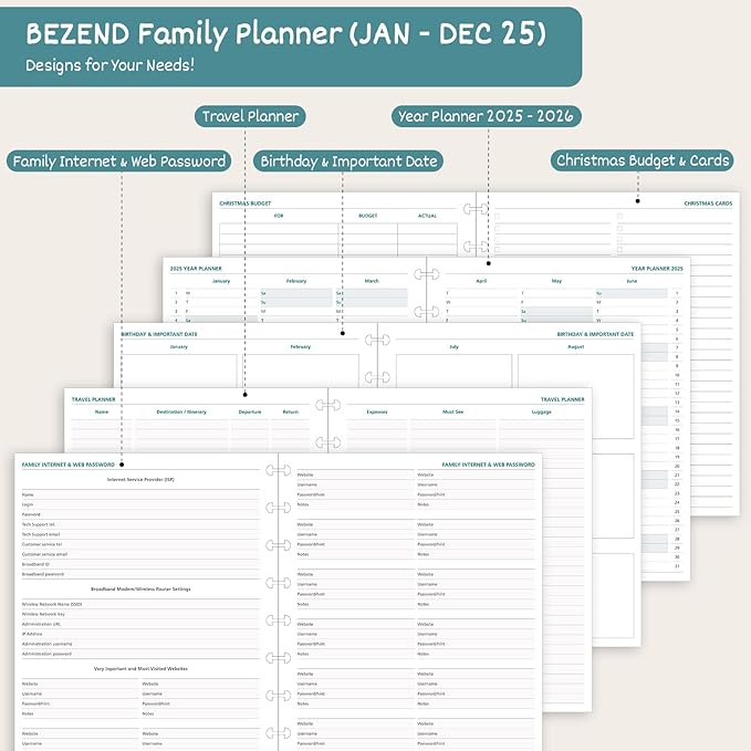 BEZEND Life Planner 2025 Weekly & Monthly Family Organizer with 6 Columns 7" x 9" - Agenda 2025 Family Calendar with Tabs, Pocket & Tear-off Shopping List, Disc Bound Flexible Cover - Evergreen