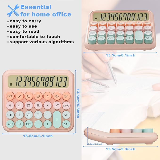 Mechanical Calculator 12 Digit Extra Large 5-Inch LCD Display, DECKLIT Battery Desk Calculator, Big Buttons Easy to Press Office Calculators Desktop, 15°Tilt Screen for Kids Calculator(Green&Pink)