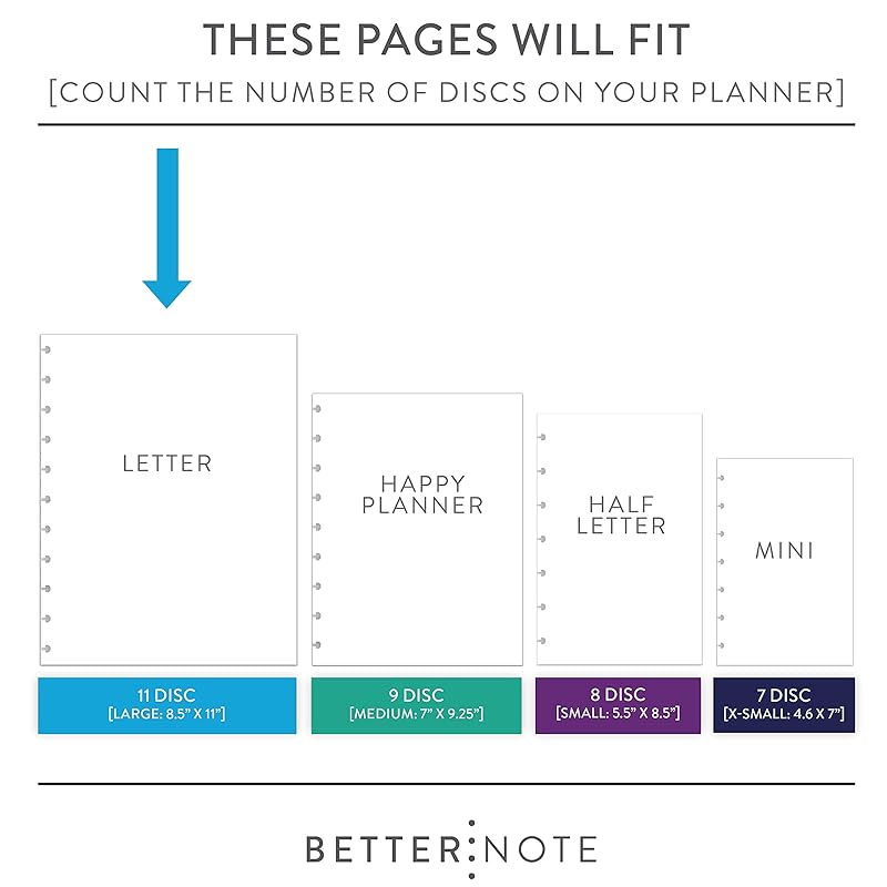 BetterNote Horizontal Undated Calendar Refill Pages for Disc Notebook, fits The Happy Planner, Discbound Levenger Circa, Staples Arc, TUL (Classic- 12 months, 11-Disc, 8.5"x11")