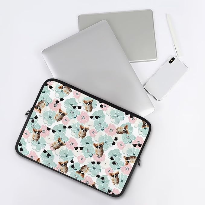Corgi Dog Printed Computer Bags for Laptops for Women Men, Shockproof 15 Inch Laptop Case Bag Floral Print Messenger Bag with Zipper, Laptop Case Computer Carrying Cover Easy to Carry