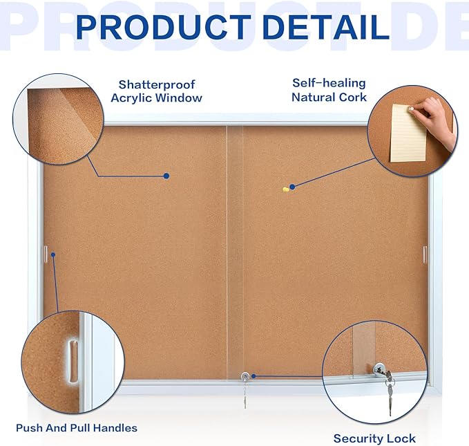 SWANCROWN Enclosed Locking Bulletin Board Cork Message Board with Sliding Glass Doors,for Indoor Use,48"x31.5"