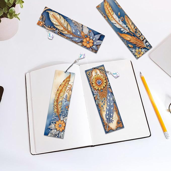 4-Piece 5D Diamond Painting Bohemian Style Bookmarks Set, DIY Craft Kit with Rhinestones – Unique Flower and Feather Designs, Handmade Art Craft Bookmarks with Tassels, Ideal Gift for Book Lovers