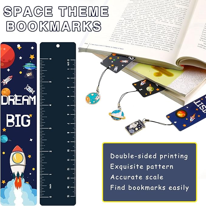 Christmas Space Theme Bookmarks with Metal Charms Planet Rocket Space Ship Theme Bookmarks Inspirational Quotes Bookmarks for Space Christmas Party Favors Gifts Kids Boys Girls Encourage(144 Pieces)