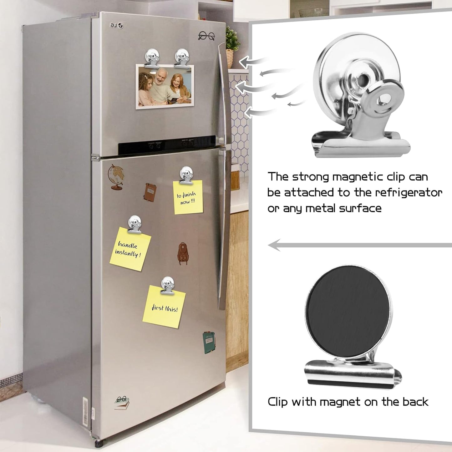 Grtard 60pack Magnetic Clips Heavy Duty, Silver Magnet Clips for Fridge, Refrigerator Magnets, Strong Magnetic Clip,Scratch Free Magnets with Clip for Refrigerator, Whiteboard, Classroom, Locker