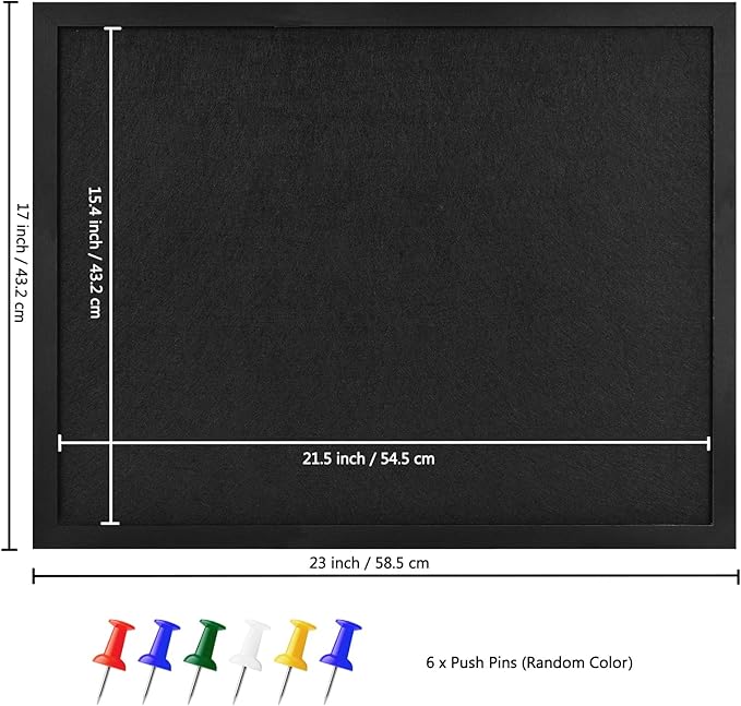 Large Cork Board Bulletin Boards 23"x17", Pin Board Wood Framed Display with Felt, Cork Boards for Wall, Jewelry, Notes, Memos, Photos, Home, Kitchen, Office, School, Wood Framed(Black) & Felt(Black)