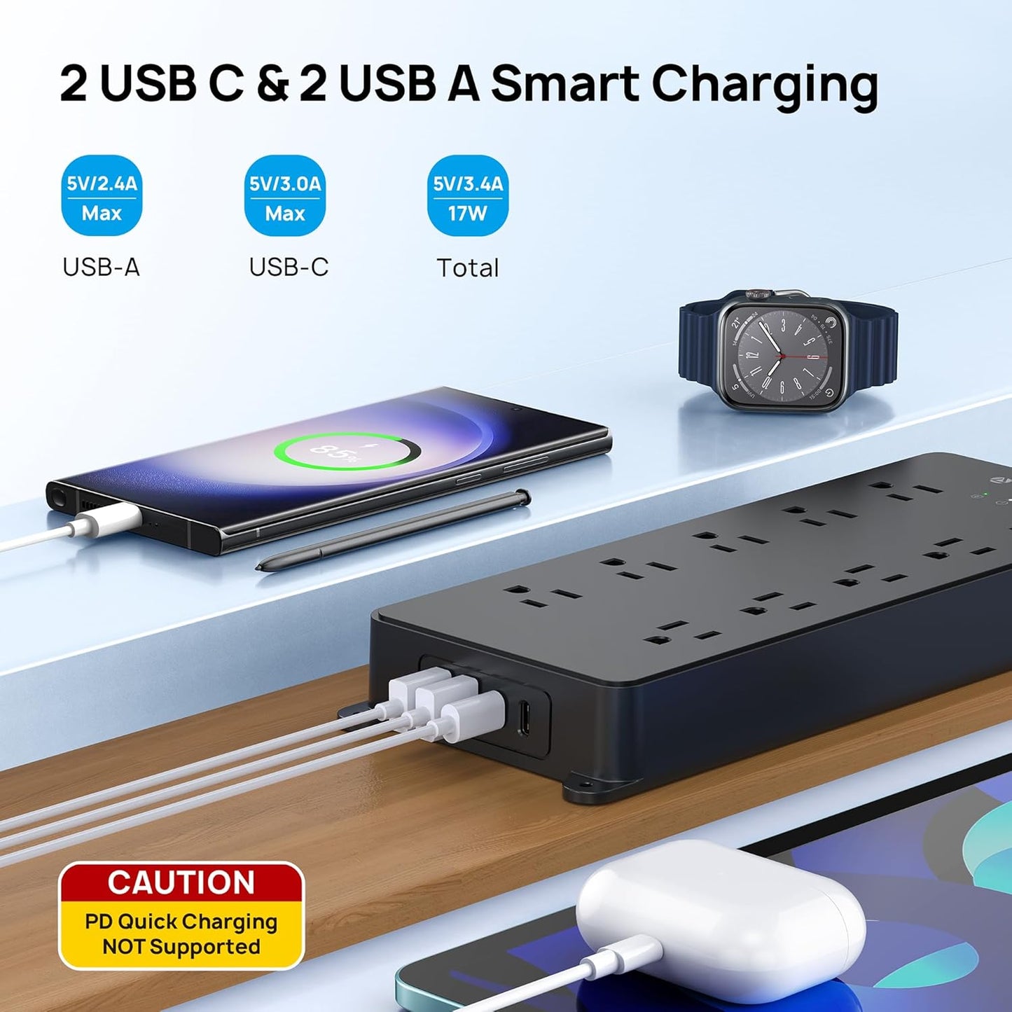 TROND Surge Protector Power Strip 10ft, 4000J, ETL Listed, 10 Widely Spaced Outlets, 2 USB A & 2 USB C Ports, Flat Plug Long Extension Cord, Wall Mountable, for Home Office Entertainment, Black