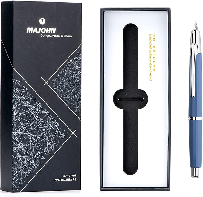 Majohn A2 Press Fountain Pen Extra Fine Nib with Box, Retractable Blue Resin Ink Pen with Converter Writing Pen Set (Silver Clip Version）