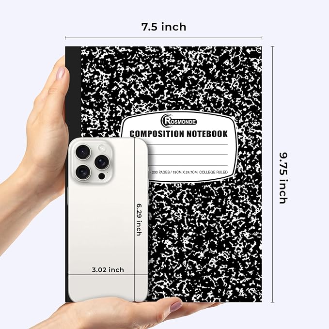 50 Pack Bulk Composition Notebooks College Ruled, 200 Pages (100 Sheets), 9-3/4 x 7-1/2, Black Marble Hard Cover, Bulk School Supplies, Bulk Notebooks for School, Bulk College Ruled Notebook