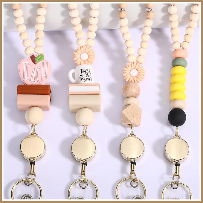 Teacher Lanyard with Id Holder, Cute Lanyards for Id Badges Keys, Retractable Natural Wooden Beaded Lanyard for Women