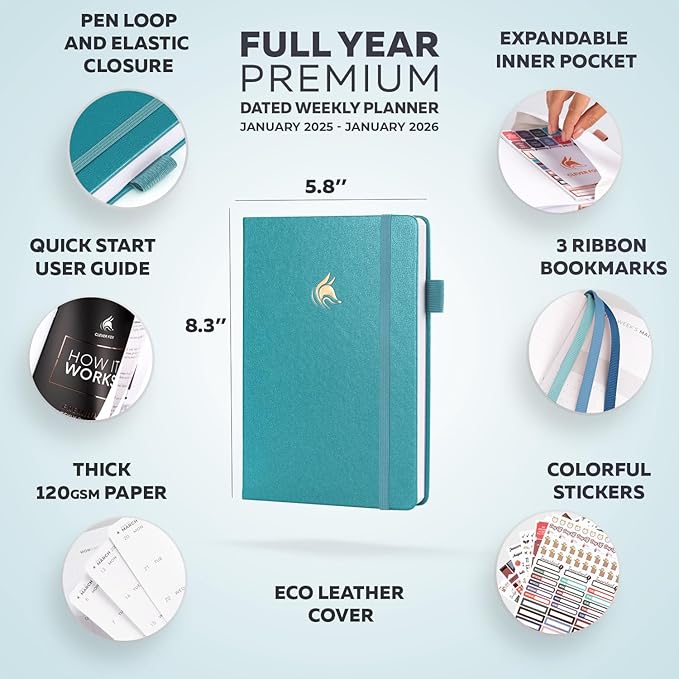 Clever Fox Dated Planner Premium Edition – 2025-2026 Weekly Planner for Planning, Goal Setting & Time Management – Planner Notebook with Habit Tracker & to-do List – A5 Size (Aquamarine)