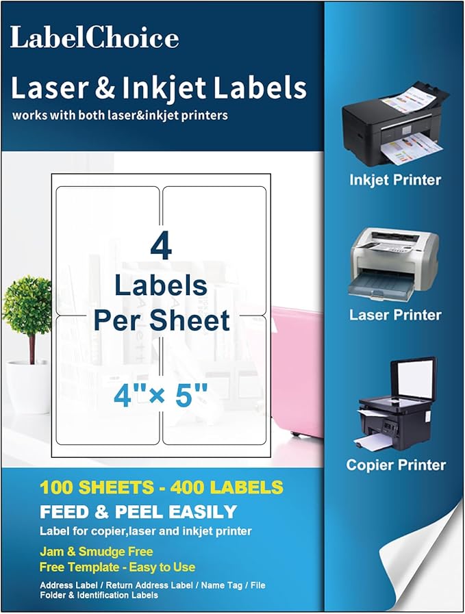 100 Sheets 400 Labels 4"x5" 4 Up Shipping Address Labels for Laser & Inkjet Printers, Permanent Adhesive 4 to a Page, 4 Stickers per Sheet