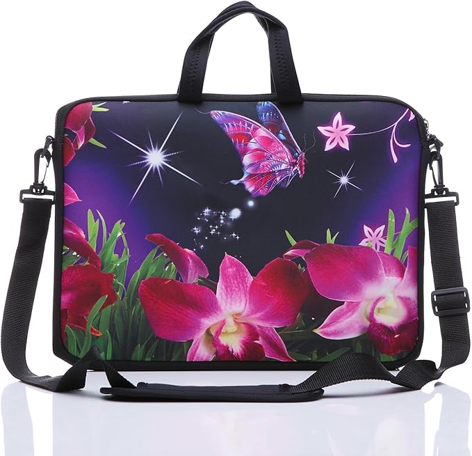 11-Inch to 12-Inch Neoprene Laptop Sleeve Case Bag with shoulder strap For 11", 11.6", 12" Ultrabook/Acer/Asus/Dell/HP/Toshiba/Lenovo/Chromebook (Pink flower)