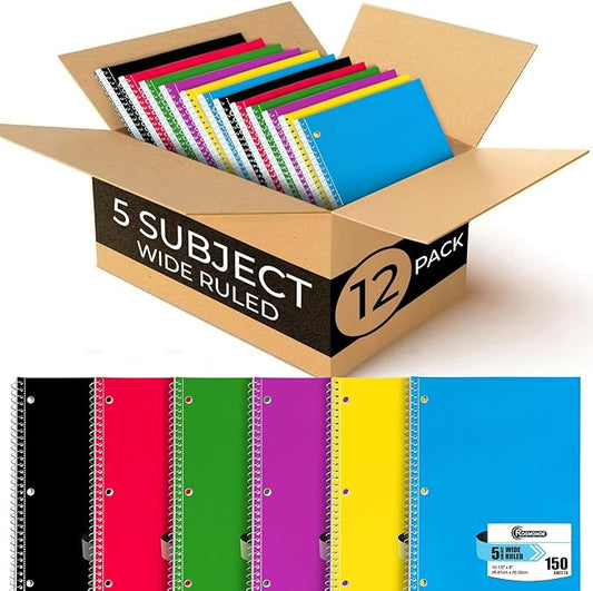 12 Pack Spiral Notebook, 5 Subject, 300 Pages/Book (150 Sheets), Wide Ruled, 8 x 10-1/2, Bulk Office Spiral Notebooks, Sturdy Spiral Journal, Notebooks for School, Soft Cover, Assorted Colors