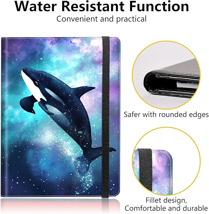 PU Leather Padfolio Clipboard Notepad with Pen Loop and Elastic Strap Interview/Resume Document Organizer for Business School Office,Orca Whale