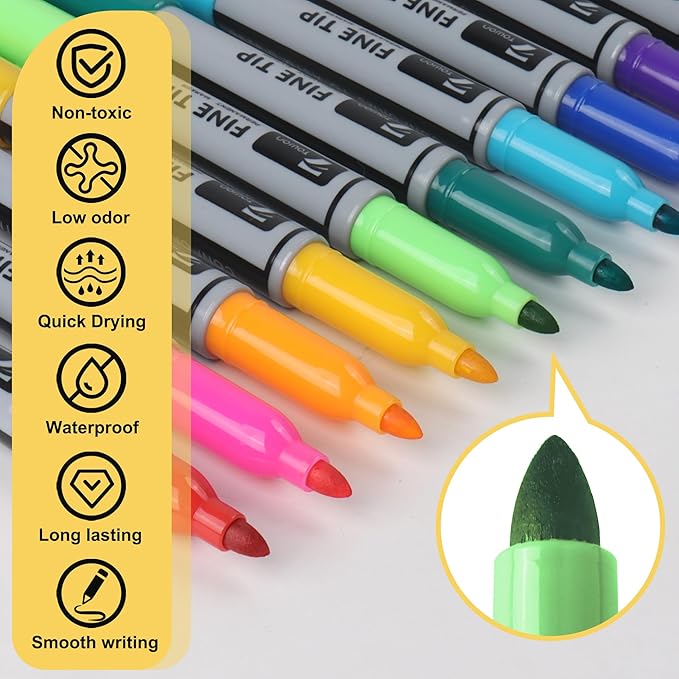 TOWON Permanent Markers 12 Assorted Colors - Waterproof Colored Fine Tip Pens Set, Home Office School Supplies for Kids, Adults Coloring