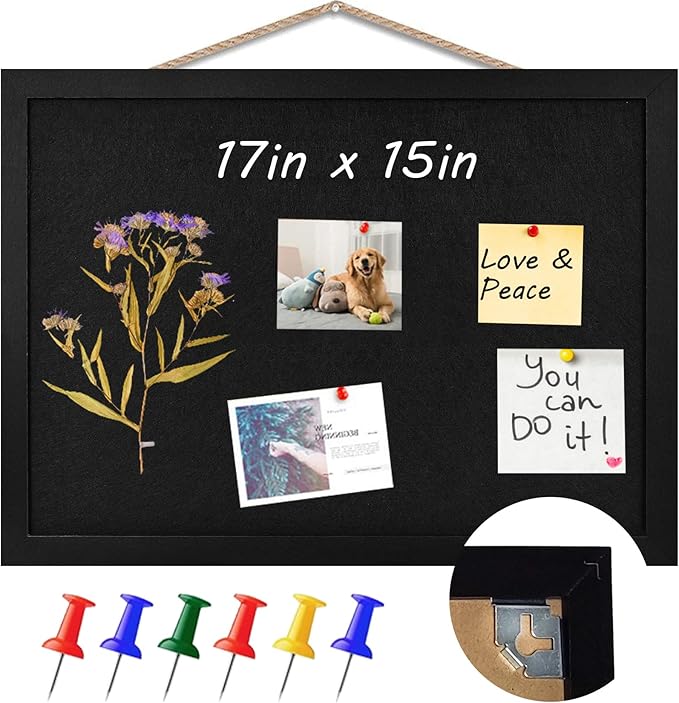 Black Cork Board Black Bulletin Board Pin Display Board for Wall Corkboard Black Pushpin Board Vision Board Picture Photo Felt Board for Memos, Photos, Home, Kitchen, Office,17"x13"