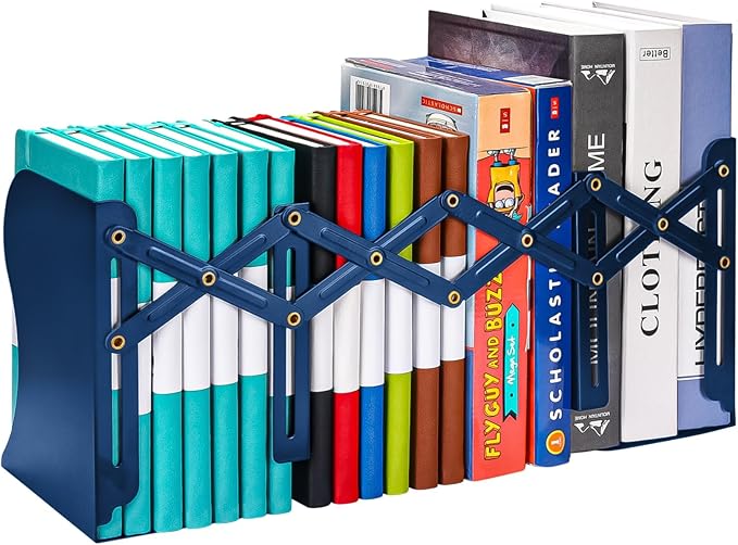Adjustable Bookends, Heavy Duty Metal Book Ends for Book, 2 Dividers, Nonslip Book Stander for Desk, Shelf, Office, Stationery Gift, Extends up to 19 inches (Blue)