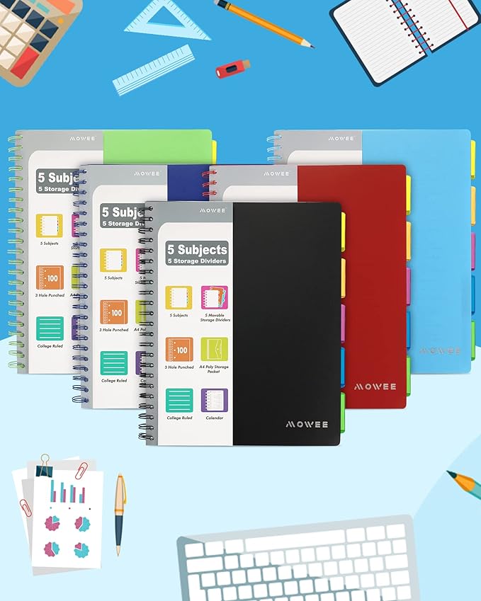Spiral Notebook - 5 Subject Notebook, College Ruled Notebook With Dividers Pocket, Tabs Label (8.5x11Black)