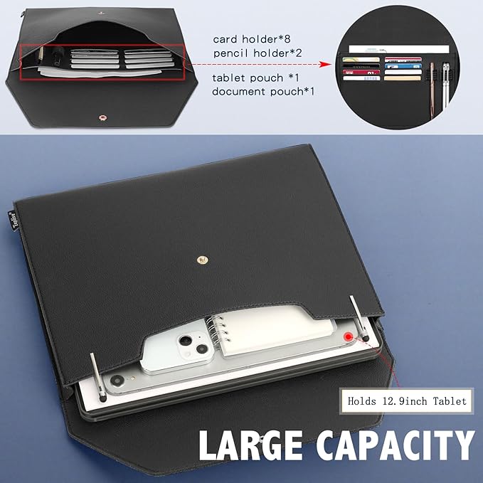 Toplive Document File Folder, Waterproof PU Leather A4 Letter Envelope Folder Case File Organizer Dual Layers Stylish Document Holder with 8 Card Holder 2 Pen Loop for Travel Office School, Black