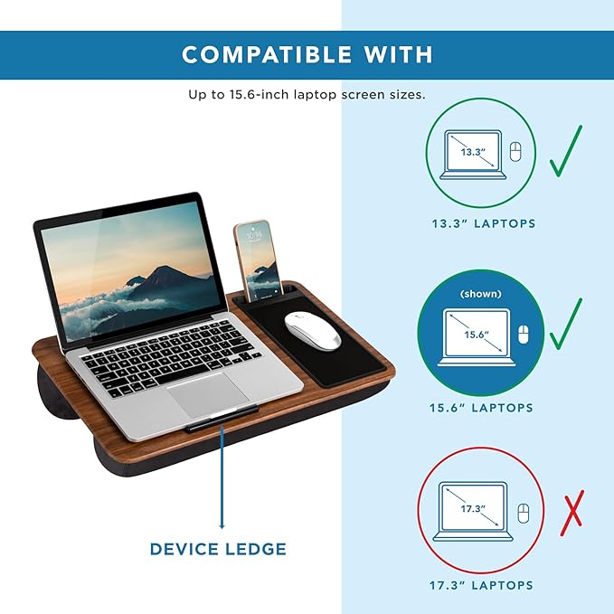 LAPGEAR Home Office Lap Desk with Device Ledge, Mouse Pad, and Phone Holder - Espresso Woodgrain - Fits up to 15.6 Inch Laptops - Style No. 91575