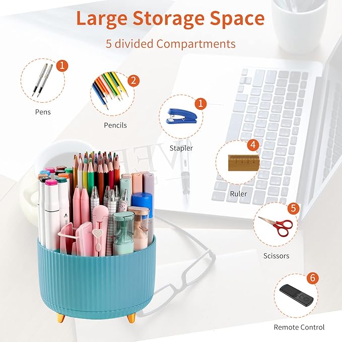 Desk Pencil Pen Holder, 5 Slots 360°Degree Rotating Pencil Pen Organizers for Desk, Desktop Storage Stationery Supplies Organizer, Cute Pencil Cup Pot for Office, School, Home, Art Supply, Blue