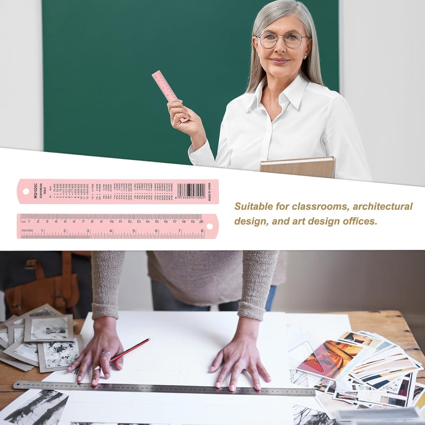 HARFINGTON 2pcs Metal Straight Ruler 20cm Metric SAE Aluminum Alloy Measuring Rulers Scale Tool with Hole for Measure Study Reading Classroom Office, Pink