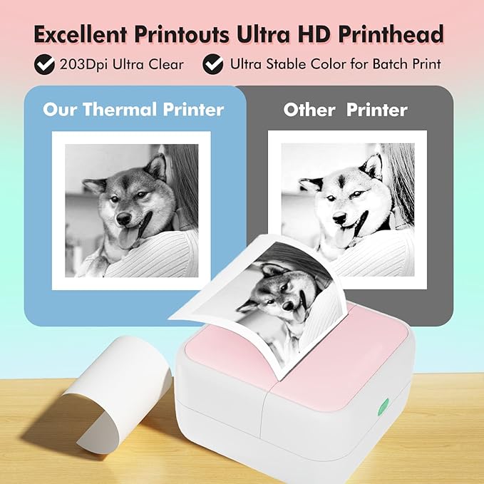 Mini Printer Sticker Printer Bluetooth for Phone Portable Thermal Print for Photo,Note,Journal,Memo,with 6 Rolls Thermal Paper（White）