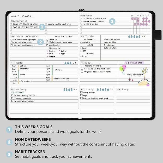 Undated Weekly and Monthly Planner, Cofullsky Weekly To Do List Planner Notebook with Unique Lettering Ribbon A5 Size Personalized Present Suitable for Women Men Teachers Kids (Letter E)