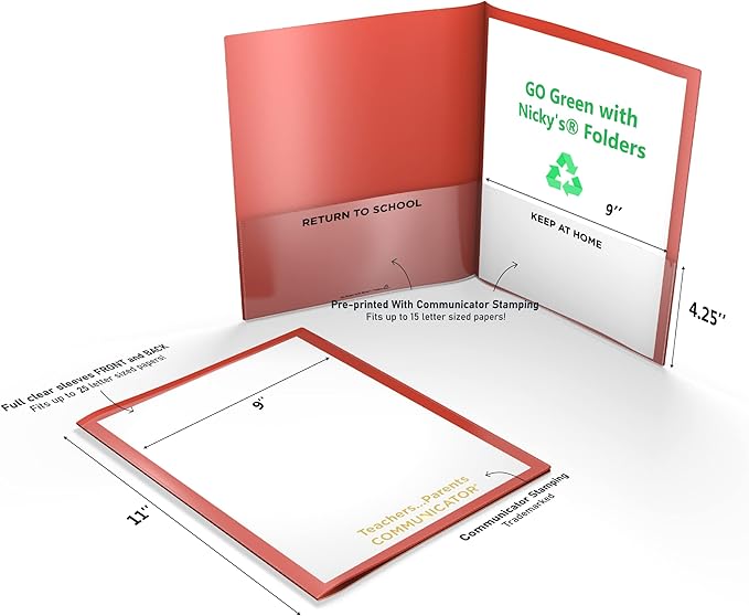 Nicky's Folder® English Communicator, Parent-Teacher Folder, Patented Tear-Resistant, Flexible Plastic, 2 Inside Pockets, 2 Exterior Sleeves, Letter Size Paper, Single Color (24 Pack) (Red)
