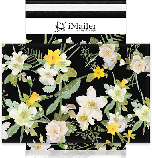iMailer-12" x 15.5"(100pcs) Poly Mailer Mailing Shipping Black Flower Envelope Package Bags-Self Seal…
