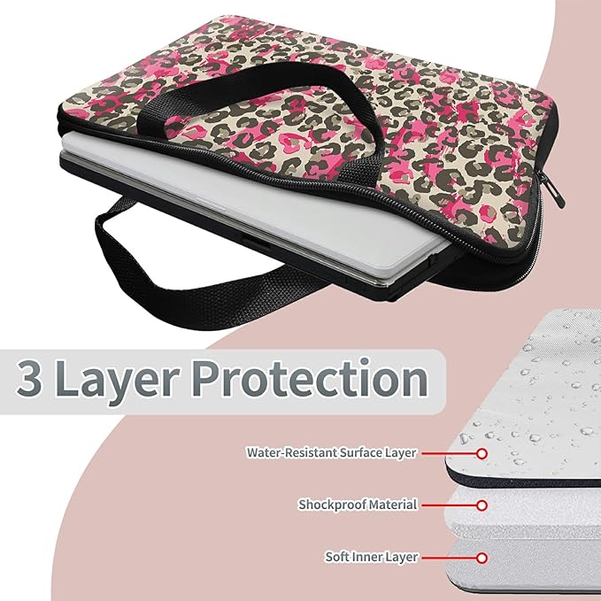 Laptop Sleeve Case Bag 13 inch, Pink Leopard Slim Carrying Case Durable Handbag Travel Laptop Bag for 13 inch MacBook Air M3/M2/Pro M2/ 13" iPad Pro/Air M4/M2 2024