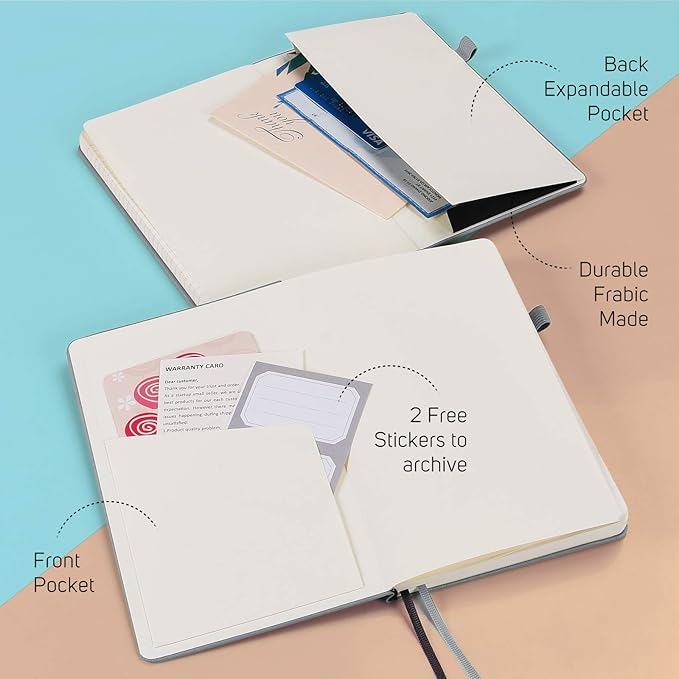 MALEDEN 7 Pack Lined Journal Notebook, Hardcover PU Leather Notebook for Men Women, 100 GSM Thick Numbered Pages with Index Content, Inner Pockets, Bookmarks, A5 Ruled Writing Journal Bulk (Grey)