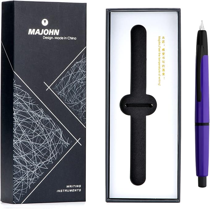 Majohn A2 Press Fountain Pen Extra Fine Nib with Box, Retractable Purple Resin Ink Pen with Converter Writing Set (Black Clip Version）