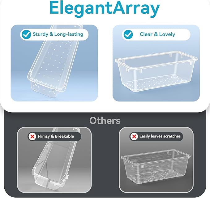 24-Piece Drawer Organizer Set, 4 Sizes Clear Plastic Makeup Vanity Organizer, Minimalist Style, Transparent