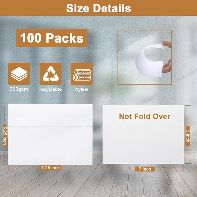 100 Packs White Single Panel Blank Cards and Envelopes 5 x 7 Heavy Flat Cardstock and A7 Envelopes Self Seal for Wedding Invitations, Party, DIY Greeting Cards, Graduations, Baby Shower