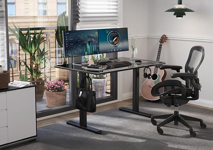 Glass Standing Desk, Small Electric Standing Desk Adjustable Height, 40 Inch Adjustable Stand Up Desk, Quick Install Home Office Computer Desk, Black