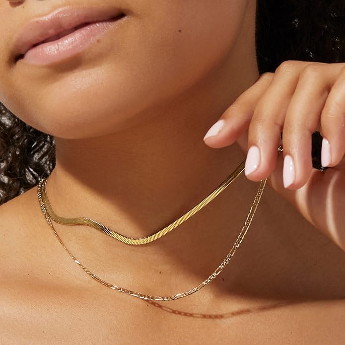 Herringbone Necklace for Women,Dainty Gold Necklace,14k Gold Plated Snake,Gold Chain Choker Necklaces,Simple Gold Layered Necklaces,Gold Jewelry Gift for Women