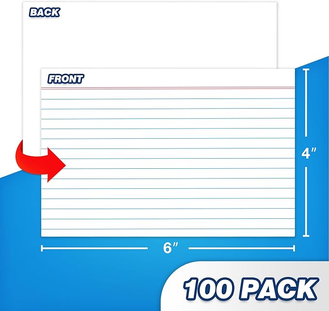 Chell Ruled Index Cards 4x6 Inch Heavyweight, 100 Count, Ruled Front and Blank Back, 65 lb. Cover Weight, White
